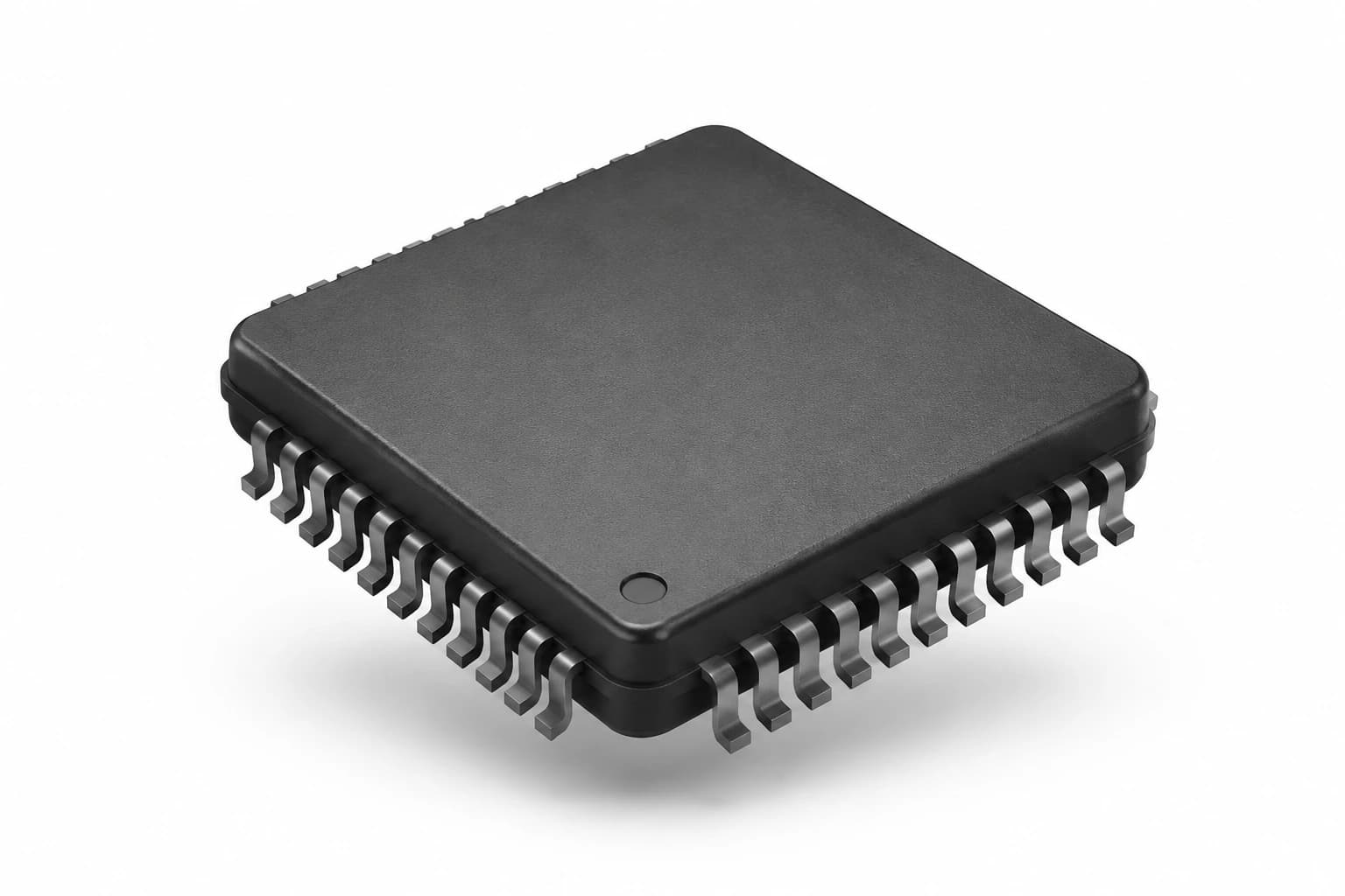 A floating matte black microchip on white, representing administrative automation.