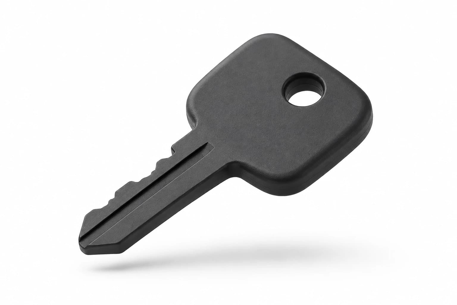 A floating matte black key on white, representing access.