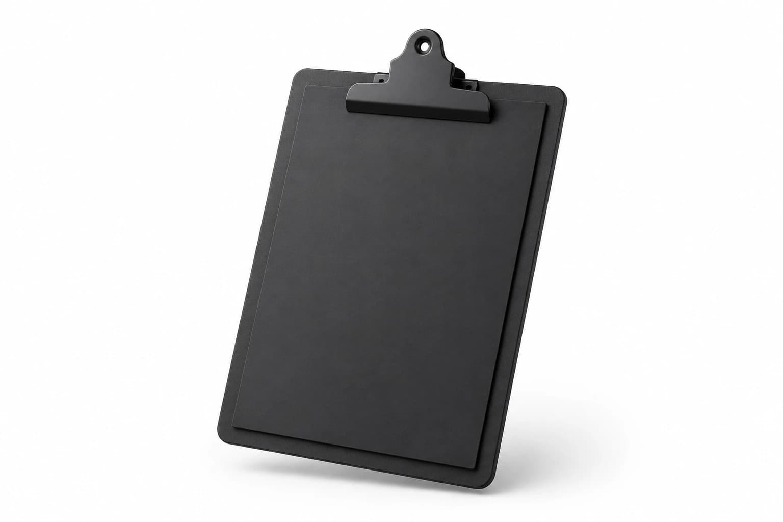 A floating matte charcoal clipboard on white, representing a commercial audit.