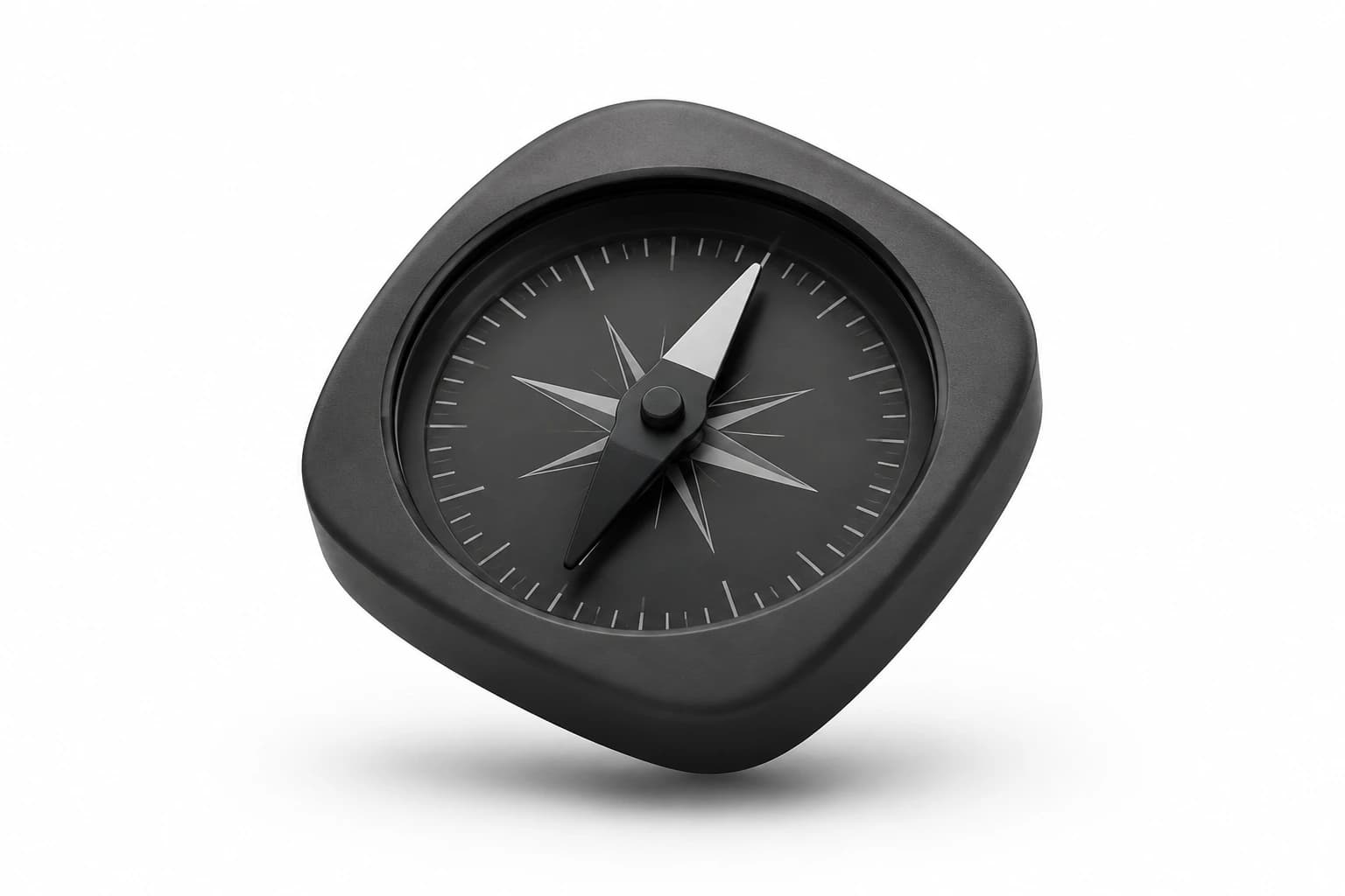 A floating matte black compass on white, representing an evidence-led method.