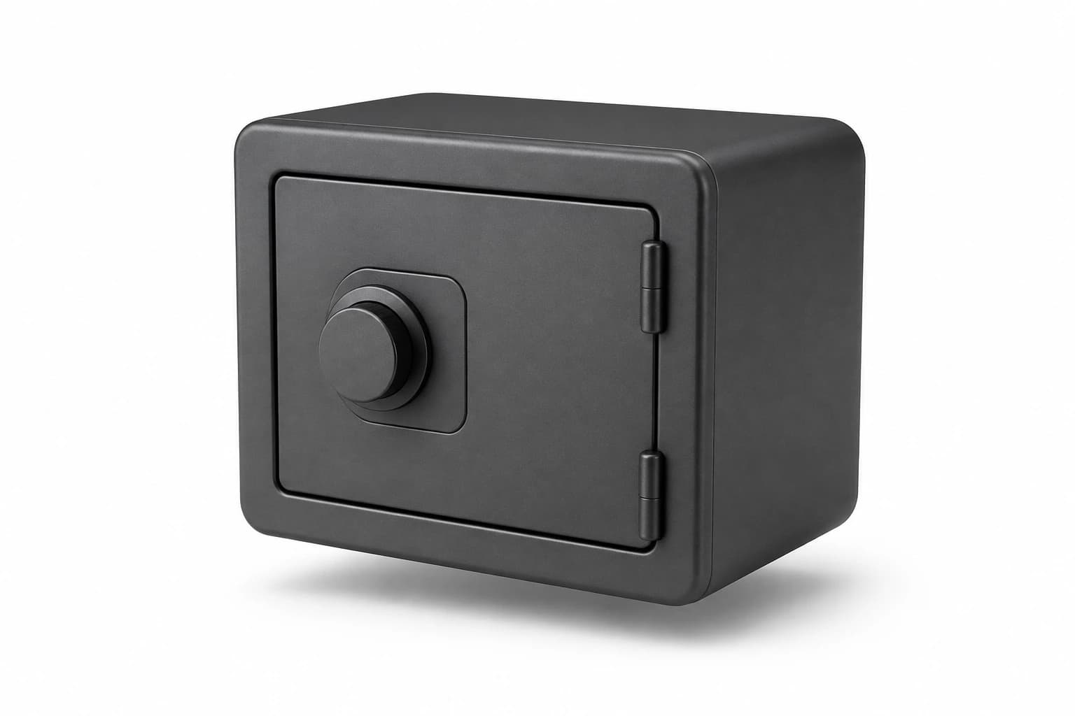A floating matte black safe on white, representing security.