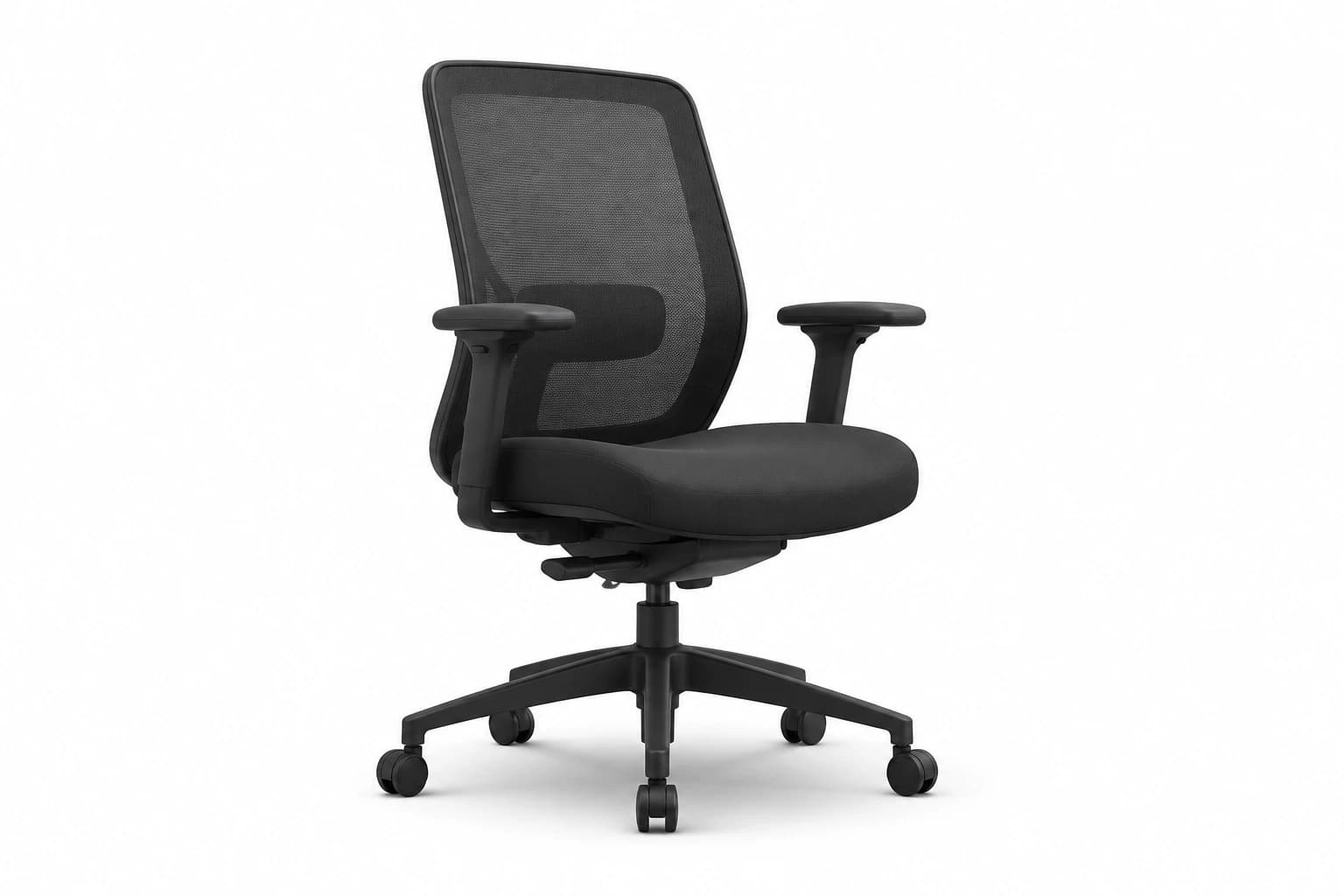 A floating matte black office chair on white, representing licensed seats.