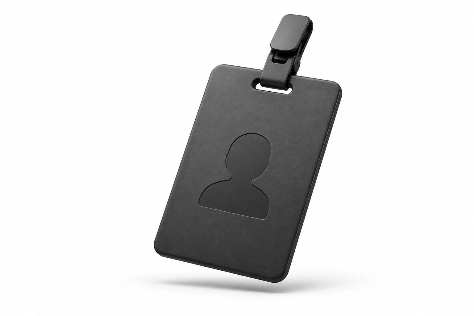 A floating matte black identity badge on white, representing assigned licenses.