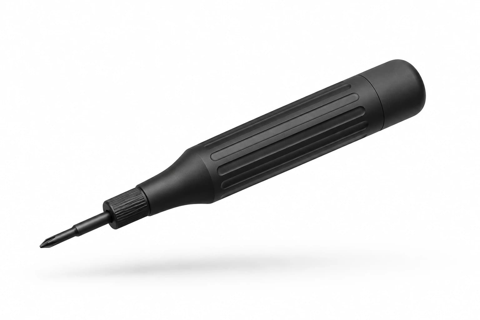A floating matte black precision screwdriver on white, representing license refinement.
